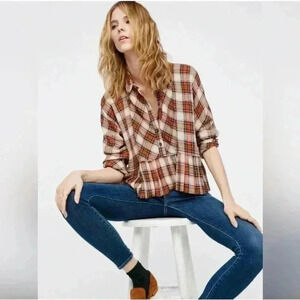 Free People Orange Promise Everything Crop Plaid Button Shirt Small